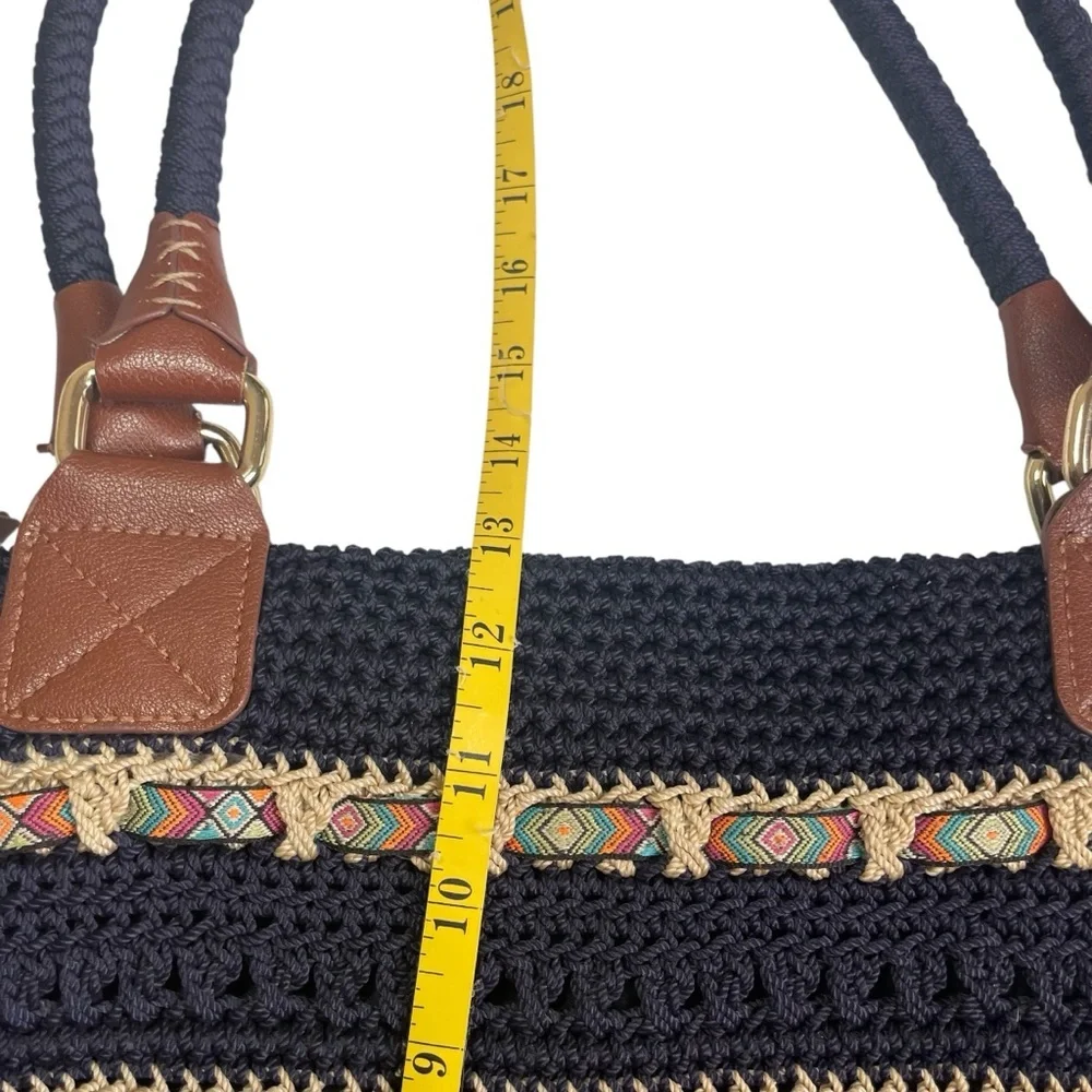 The Sak Cambria Crocheted Large Double Strap Zip‎ Top Tote Navy Woven Ribbon EUC